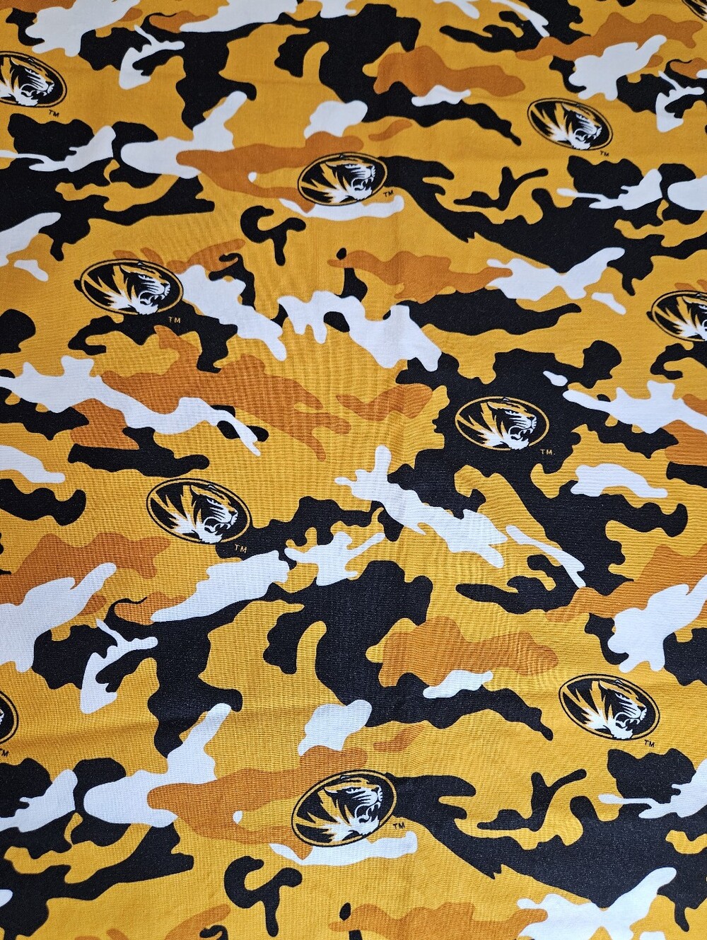 Licensed Missouri University Tigers Yellow Black White Camo Fabric With Logo